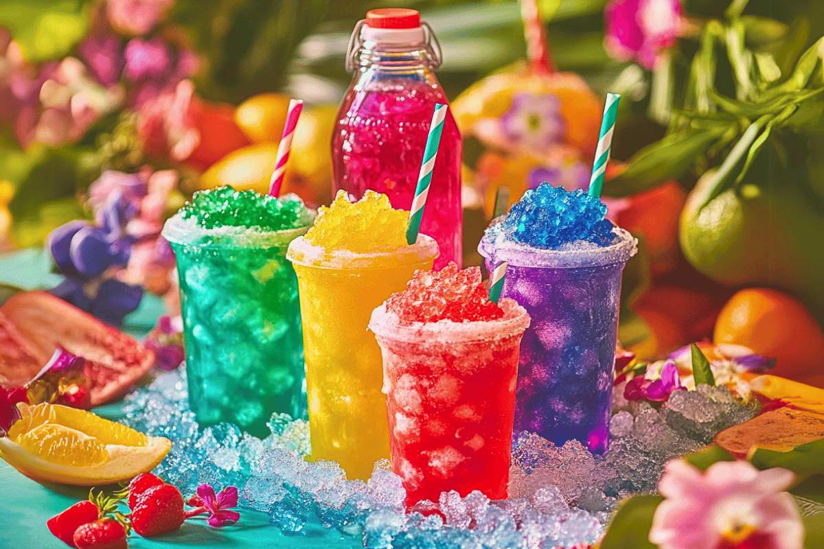 Colourful Kool-Aid Snow Cone Syrup in bottles and poured over crushed ice in rainbow cones.