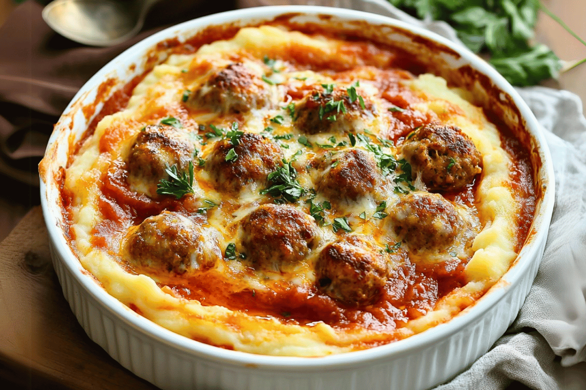 Meatball and mashed potato bake with golden cheese topping in baking dish