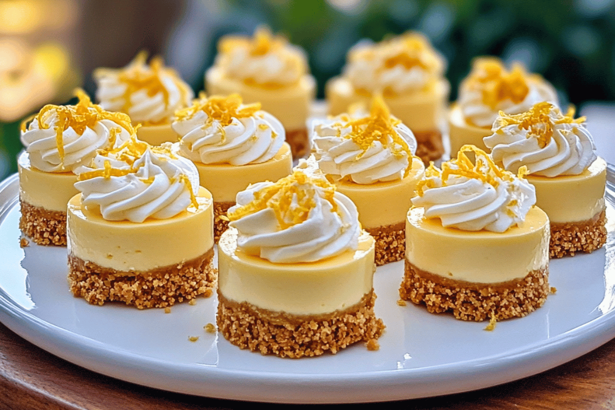 Mini lemon cheesecakes topped with whipped cream and lemon zest on a white serving platter
