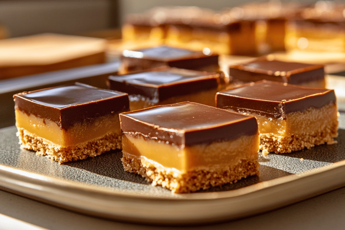 No-bake caramel slice with graham cracker crust, creamy caramel layer, and chocolate topping on a ceramic plate