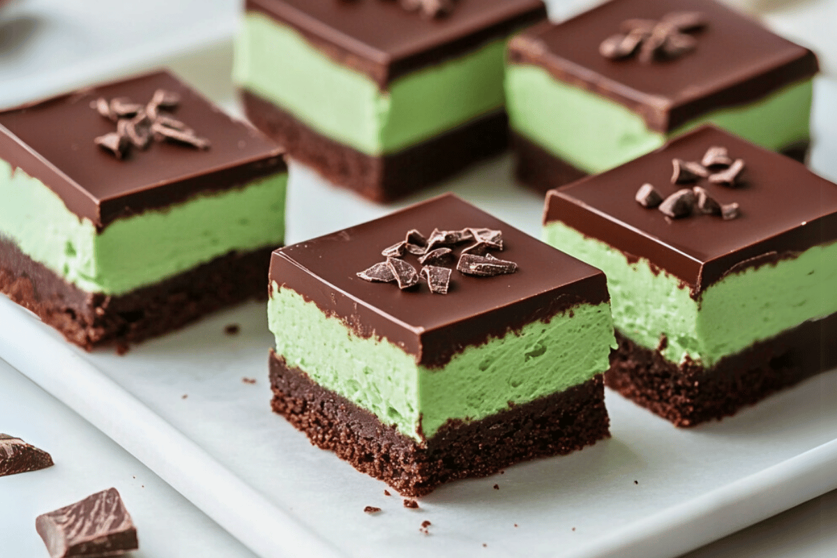 Slices of No-Bake Chocolate Mint Slice with green peppermint layer and glossy chocolate ganache, served on a plate.