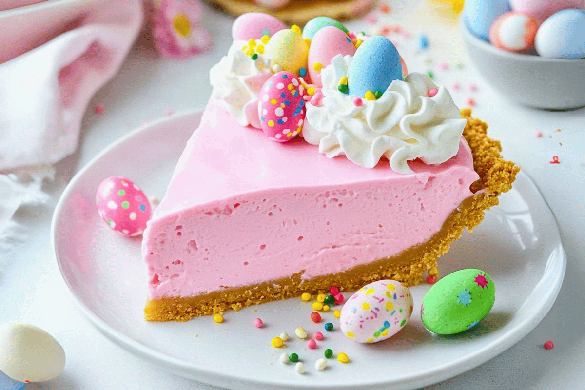 astel No-Bake Easter Jello Pie with whipped topping and mini Easter egg candies on a white plate.