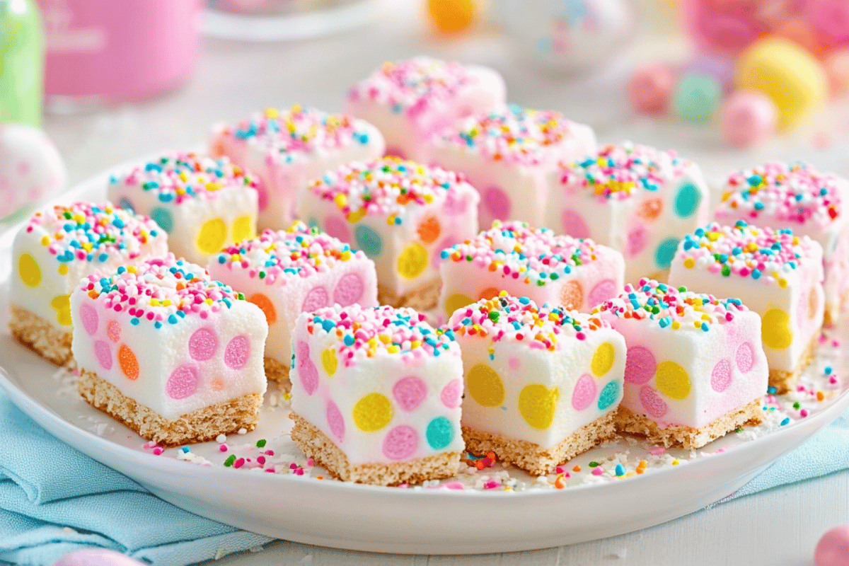 Colourful slices of No-Bake Marshmallow Lolly Slice with marshmallows, lollies, and white chocolate drizzle.