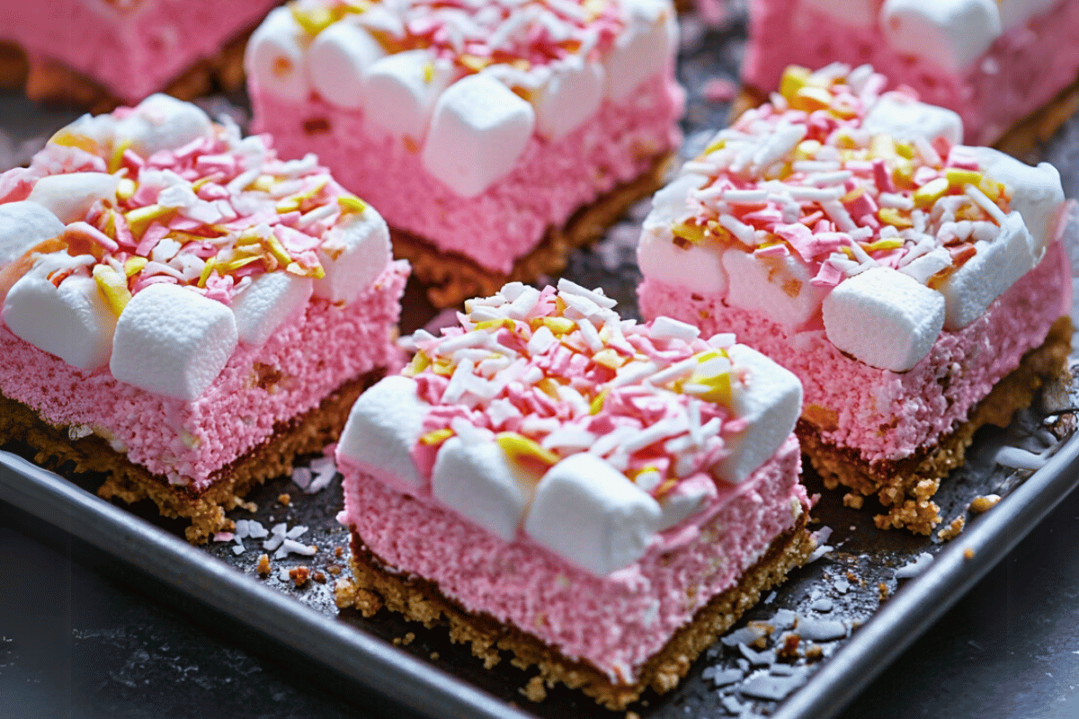 A colourful no-bake marshmallow slice with layers of biscuit, jelly, and mini marshmallows topped with coconut and sprinkles