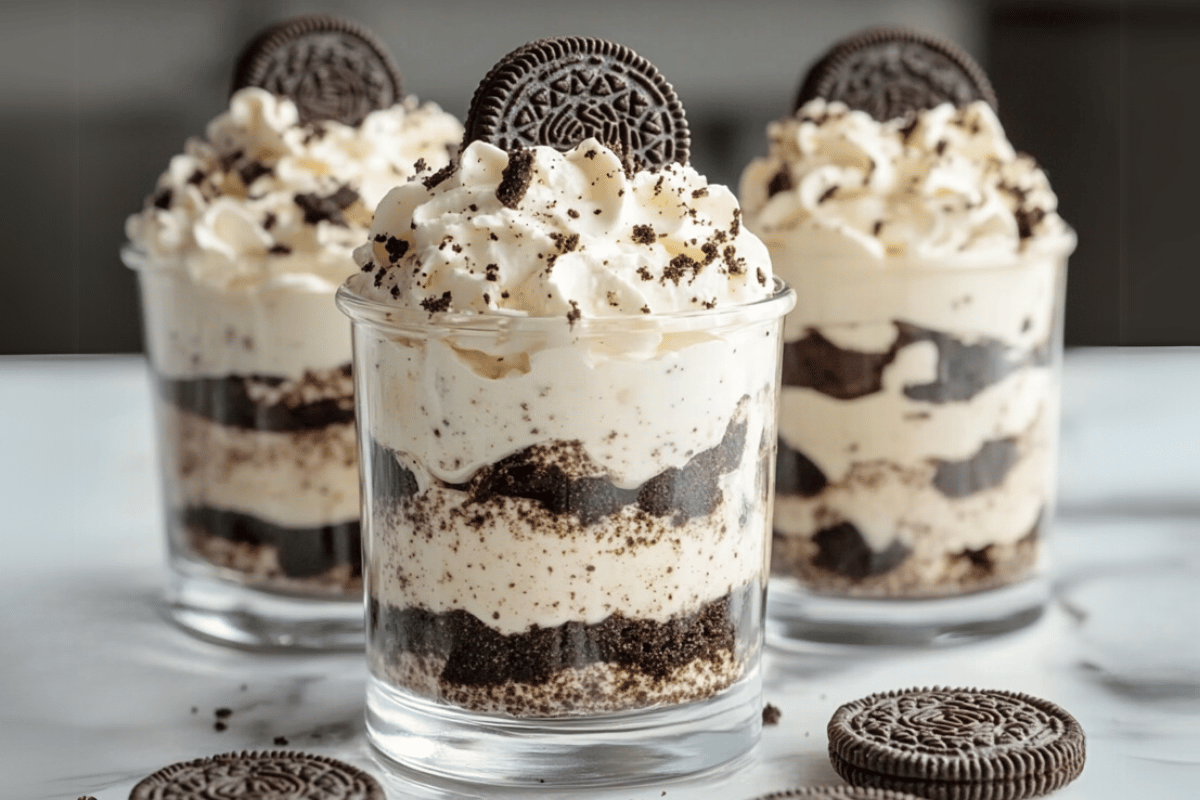Oreo dessert cups layered with crushed cookies, cheesecake cream, and whipped topping, served in clear cups