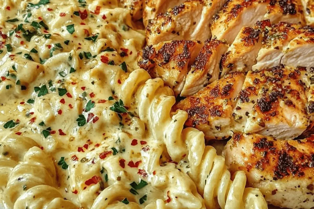 Creamy Garlic Parmesan Chicken with Cheesy Twisted Pasta