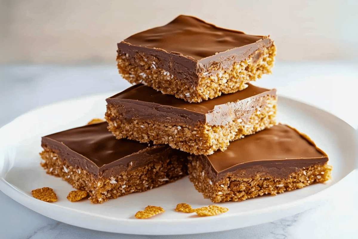 Chocolate-topped Aussie crunch slice with coconut and cornflake base, cut into neat squares