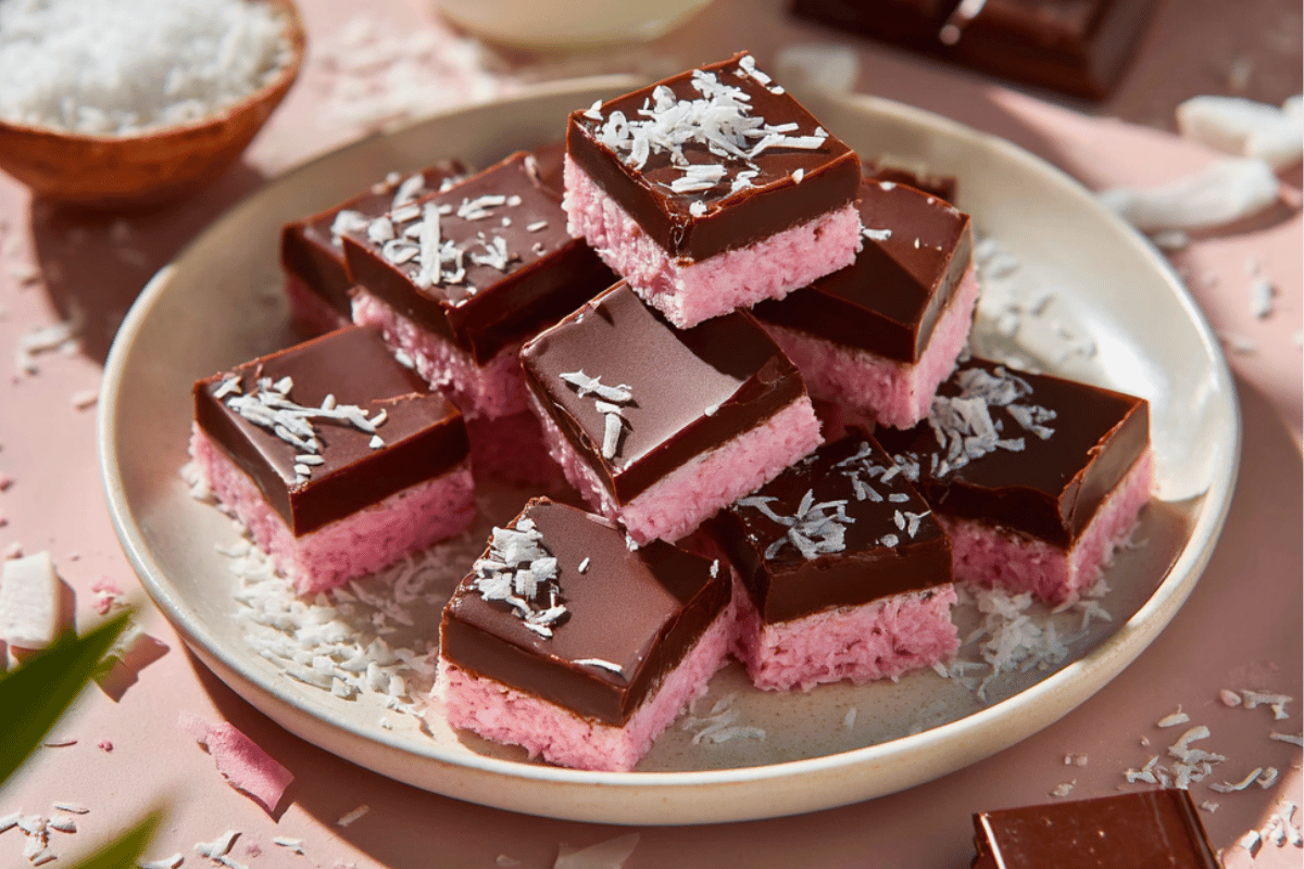 Choc Coconut Ice Tray Bake with pink coconut and dark chocolate topping, sliced into squares