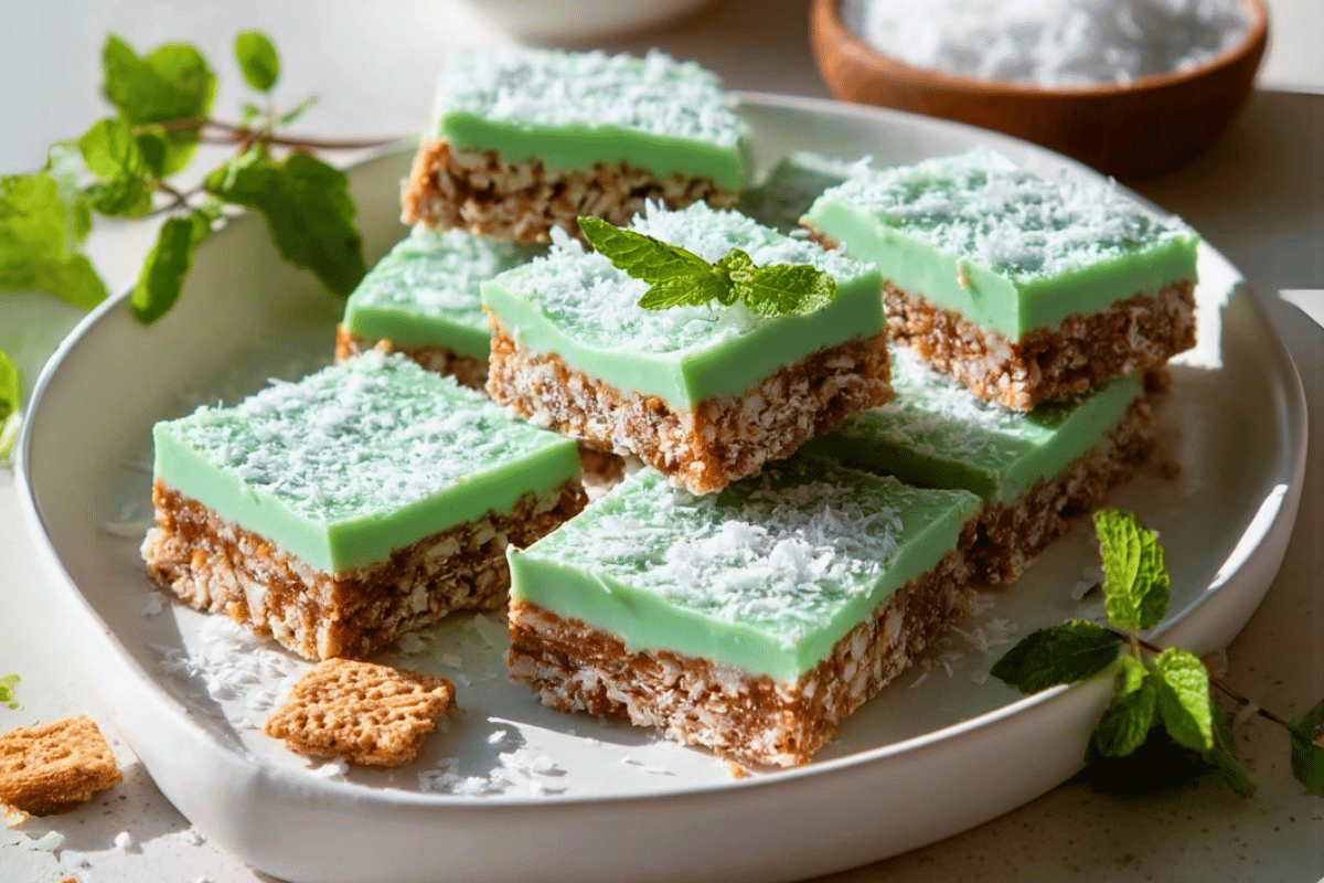 Sliced Aussie Crunch Minty Chocolate Coconut bars topped with green mint chocolate and coconut flakes