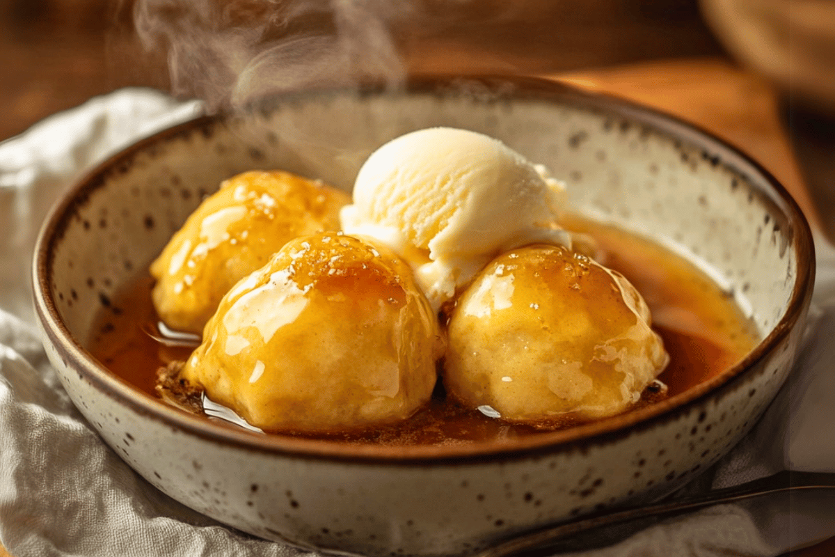Plate of golden syrup dumplings drizzled with syrup and served with vanilla ice cream