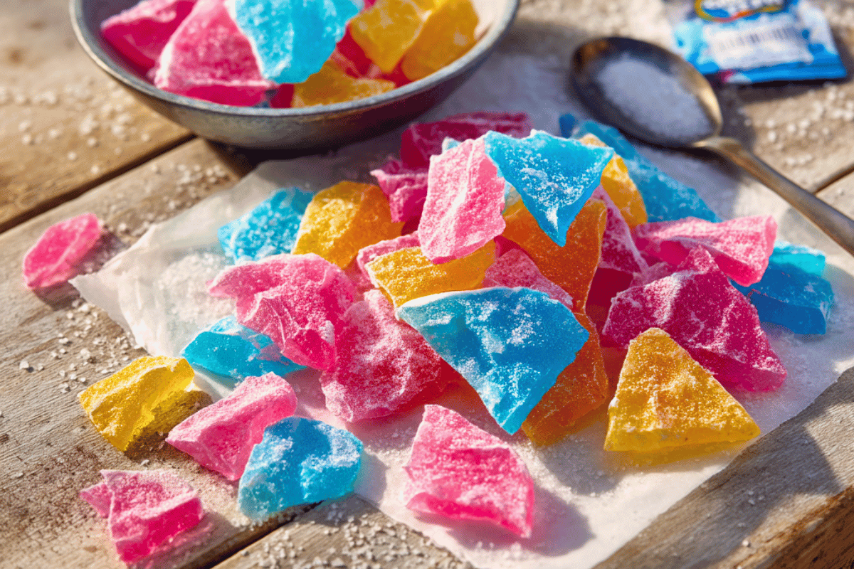Colorful homemade popping candy shards on parchment paper, surrounded by sprinkles and sugar.
