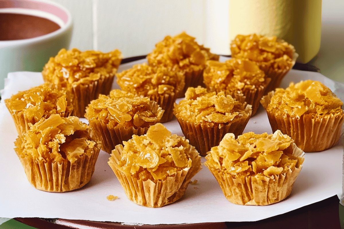 Golden Honey Joys in paper cases topped with sprinkles on a white tray