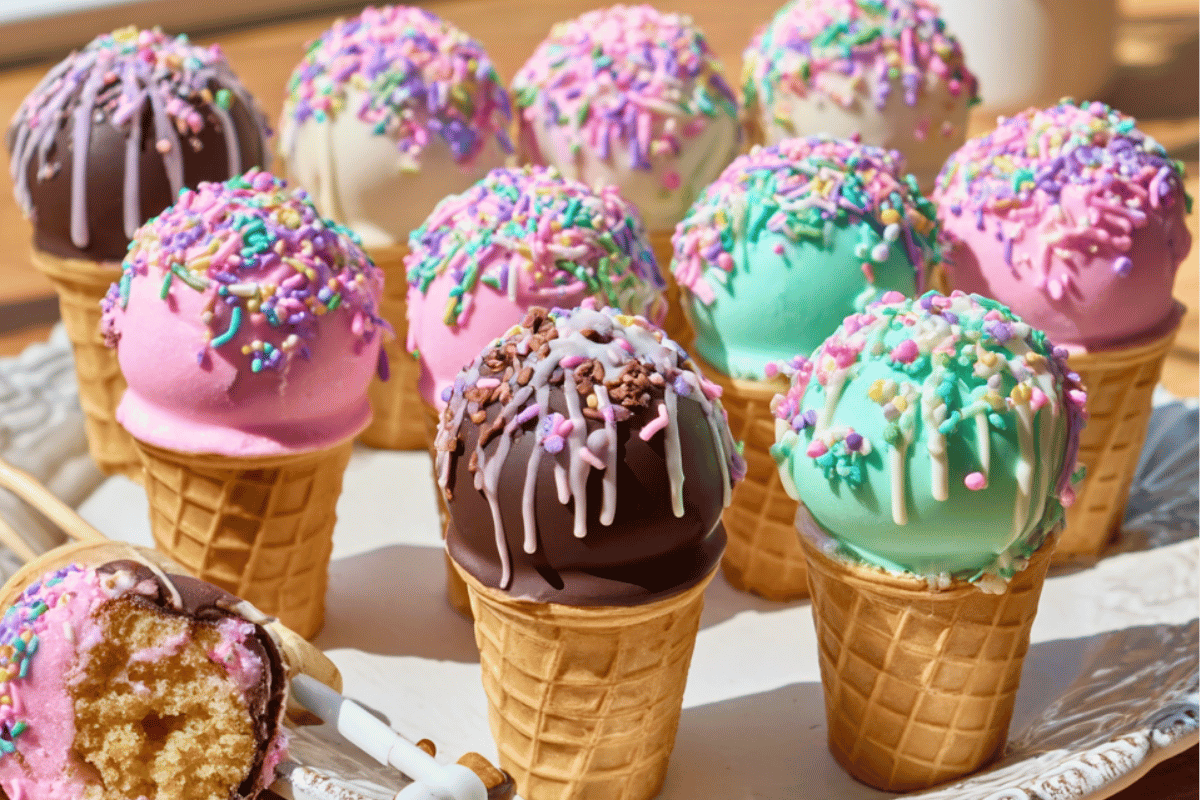 Ice Cream Cone Cake Pops with colourful candy coatings and sprinkles standing upright in a party display.