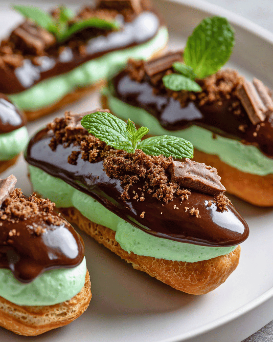 Mint chocolate eclairs garnished with chocolate shavings and mint leaves, served on a white plate.