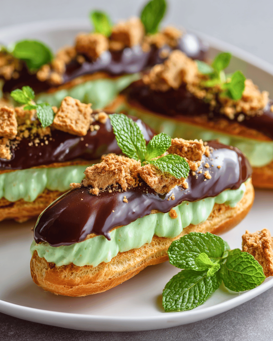 Mint chocolate eclairs topped with crushed graham crackers and fresh mint leaves on a white plate.
