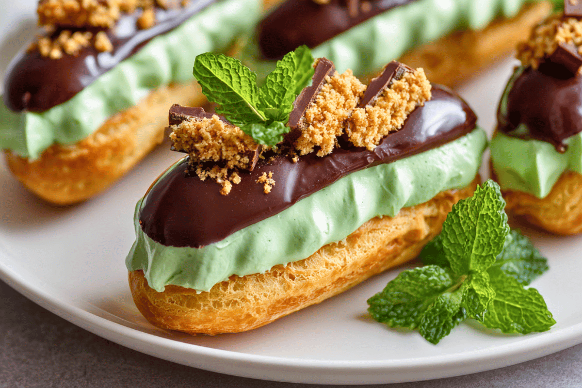 Mint Slice Chocolate Éclair cut open to reveal green peppermint cream and ganache topping