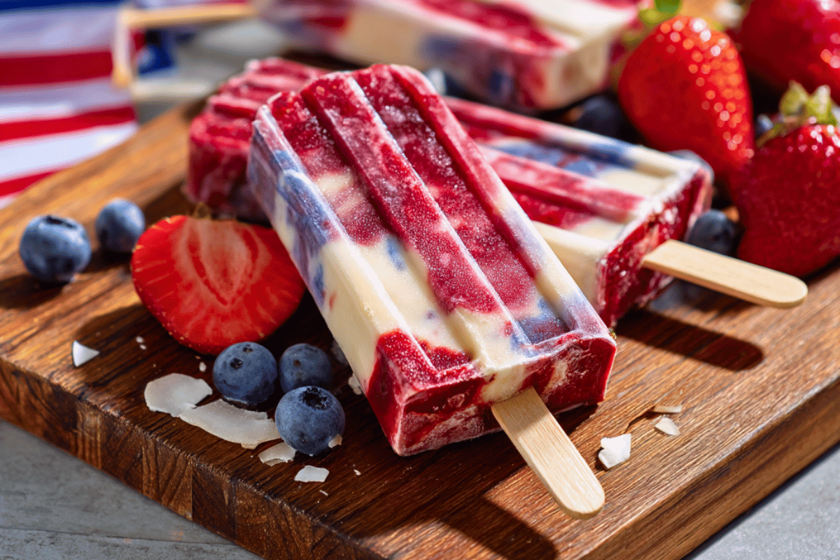 Red, white, and blue smoothie swirl popsicles with fruit in background on a wooden tray.