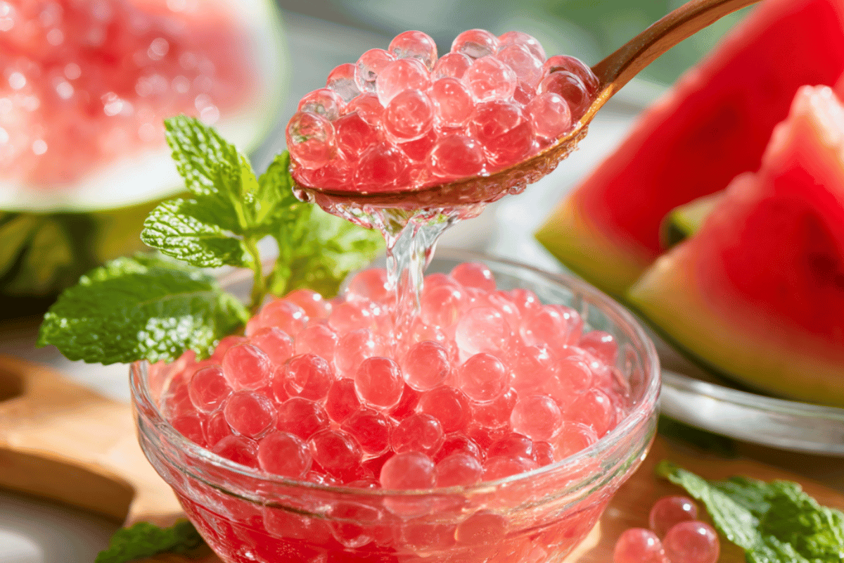 Small clear bowl of homemade watermelon popping boba pearls with fresh watermelon slices and mint.