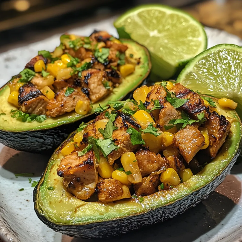 Honey Lime Chicken Stuffed Avocados with Corn Salsa