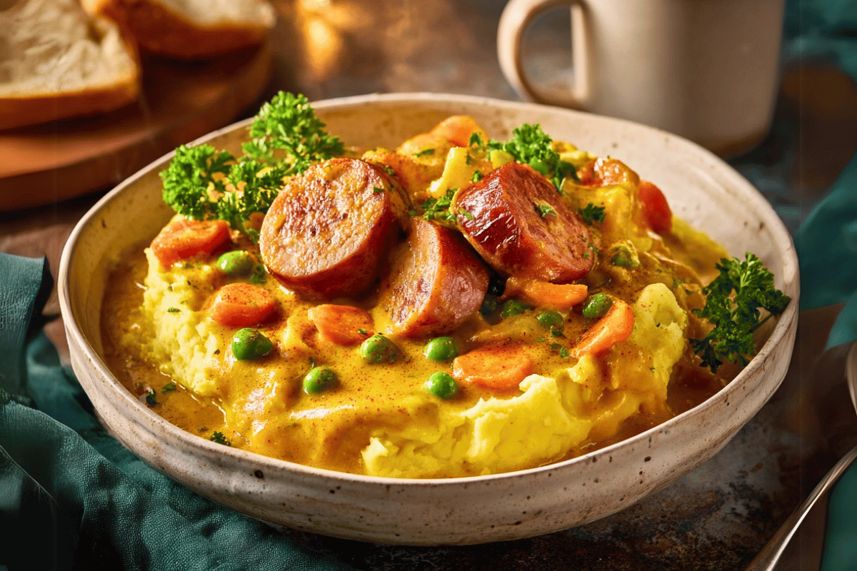 Bowl of Aussie curried sausages with mashed potato and parsley