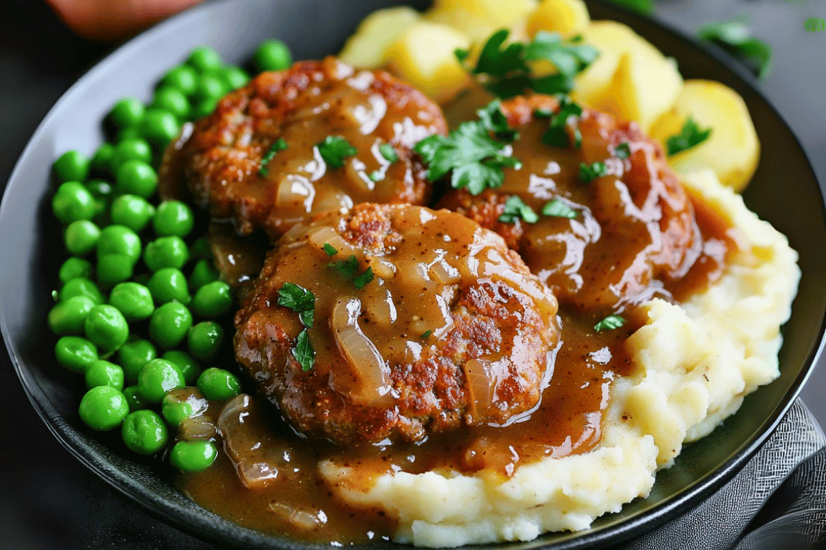 Plate of Aussie rissoles with gravy and mashed potatoes