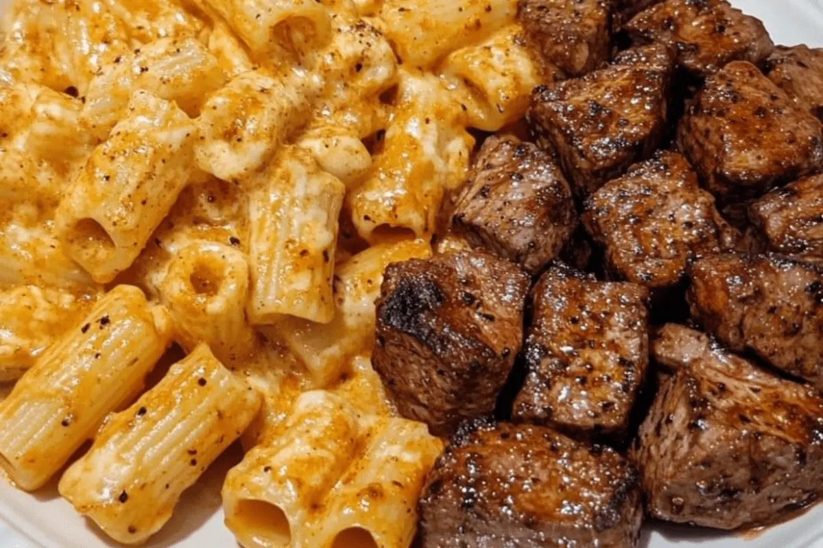 Cajun Steak Tips in Cheesy Rigatoni Parmesan Sauce