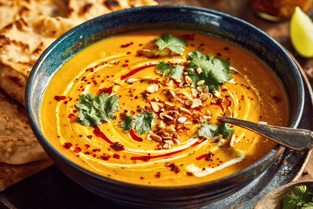 Bowl of coconut curry pumpkin soup topped with coriander and a swirl of coconut milk