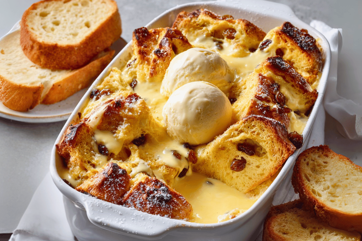 Condensed milk bread and butter pudding in a white baking dish with golden crust and raisins