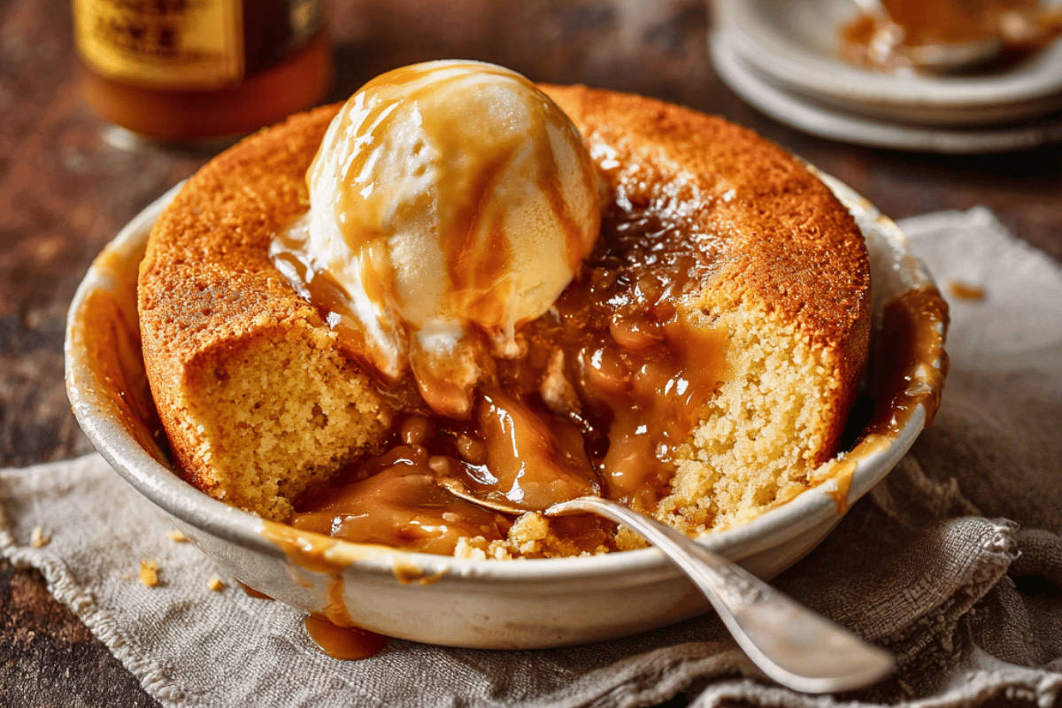 Warm condensed milk self-saucing pudding in a baking dish with golden caramel sauce