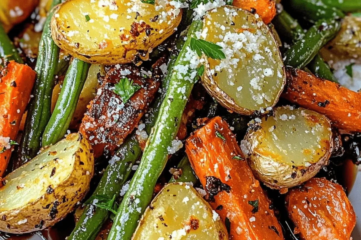 Crispy Parmesan Garlic Roasted Veggies with Balsamic Glaze