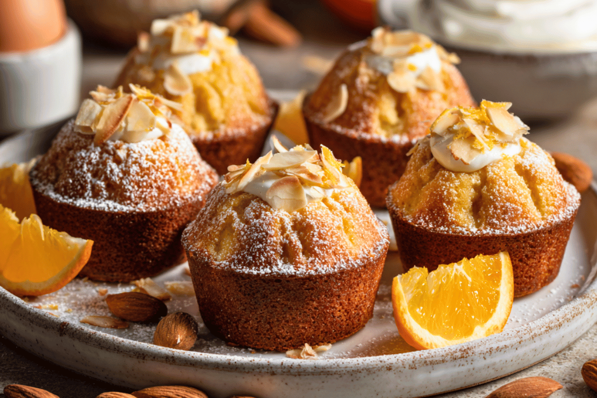 Mini flourless almond orange cakes topped with icing sugar and flaked almonds