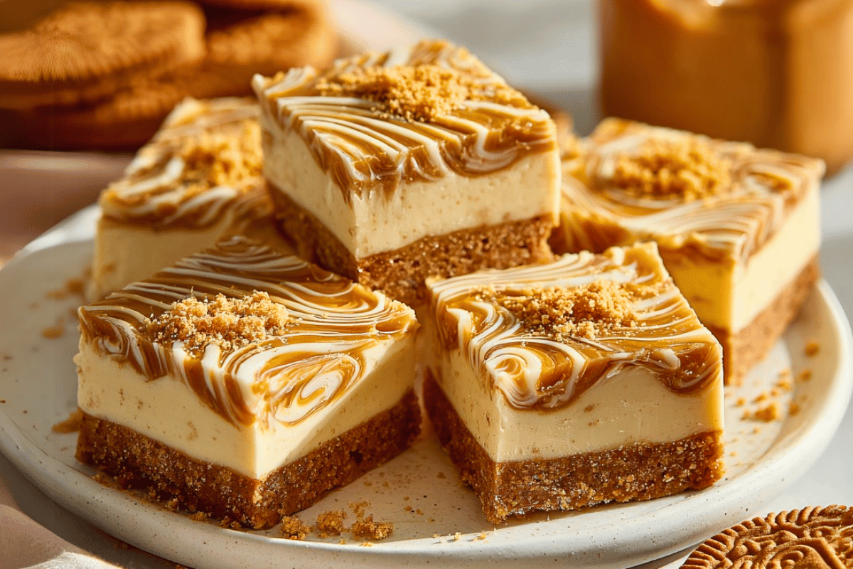 Slices of No-Bake Biscoff & White Chocolate Bars with visible swirls and biscuit topping