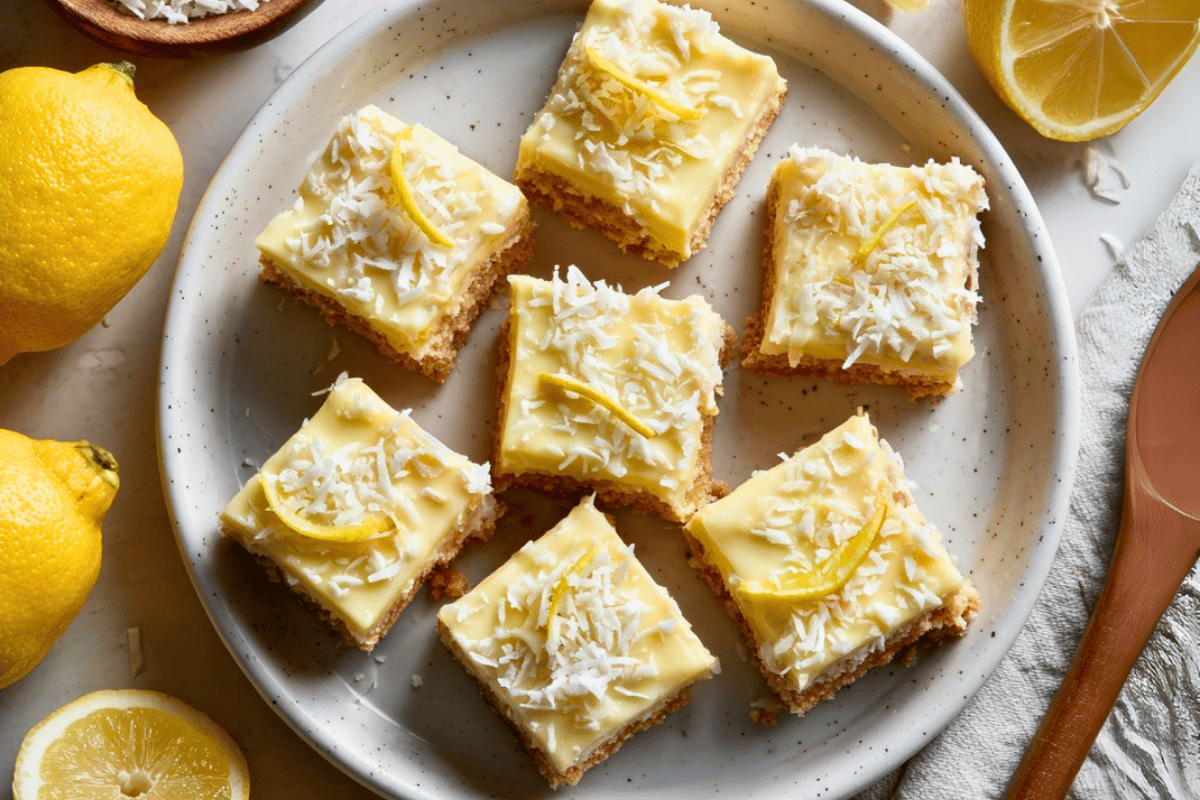 Slices of No-Bake Lemon Slice with Condensed Milk & Coconut on a serving plate