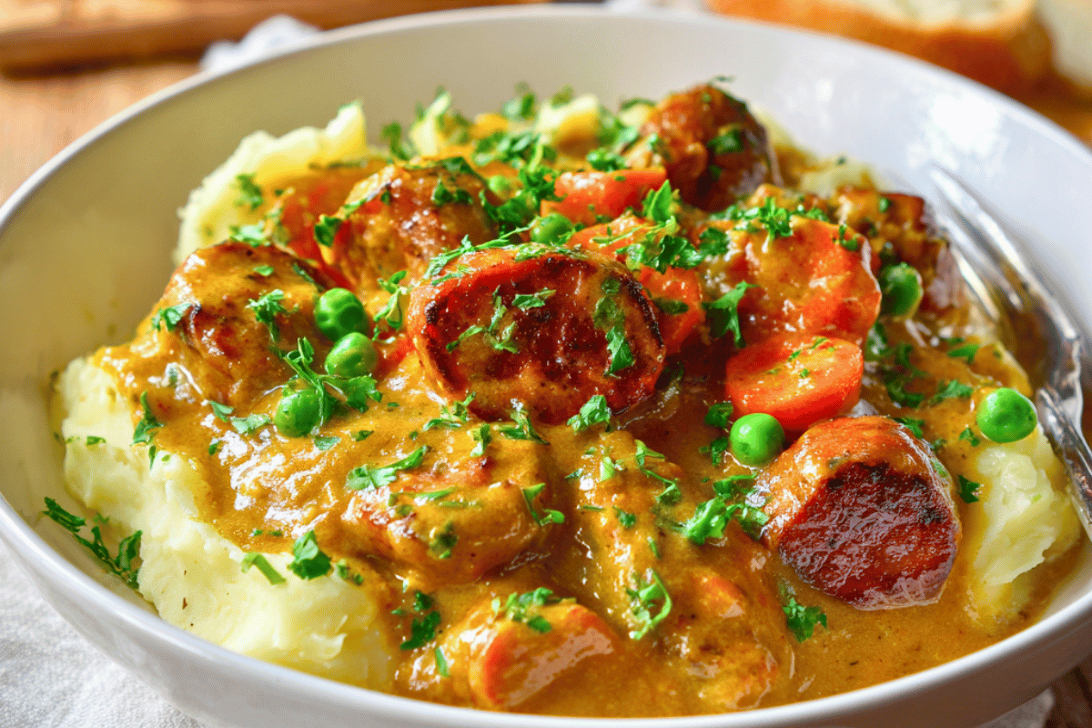 Bowl of slow cooker curried sausages with rice and fresh parsley