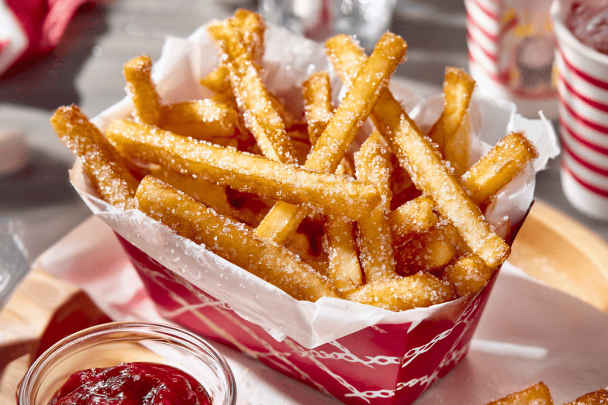 Sugar cookie French fries served in paper basket with strawberry jam dipping sauce