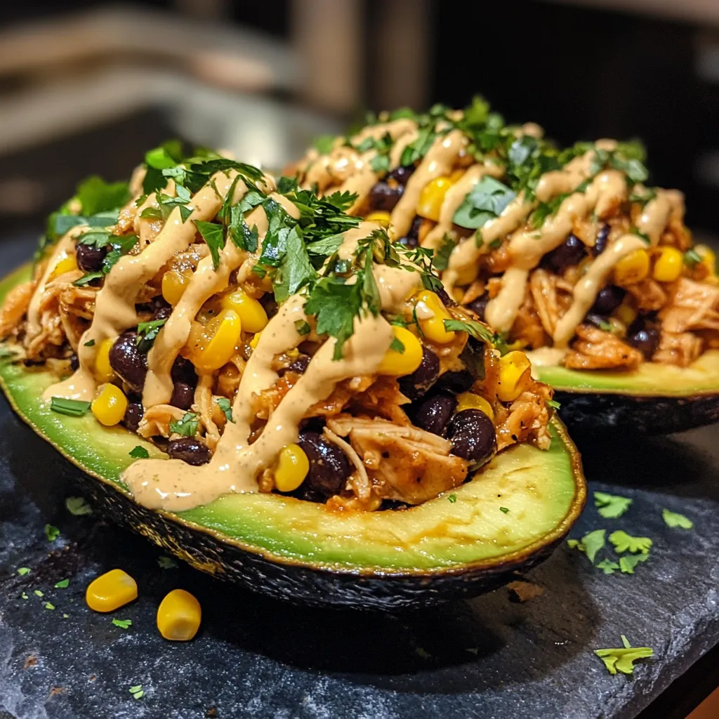 Honey Lime Chicken Stuffed Avocado Boats with Queso Drizzle