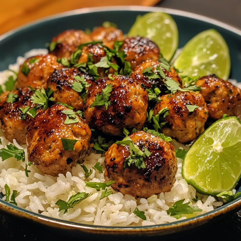 Sticky Honey Lime Chicken Meatballs with Cilantro Rice Pilaf