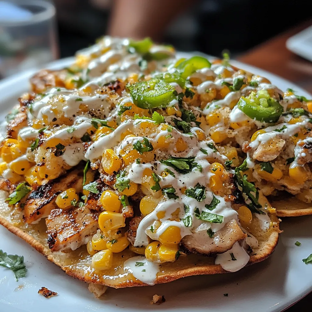 Street Corn Chicken Tostada Melts with Cilantro Lime Cream