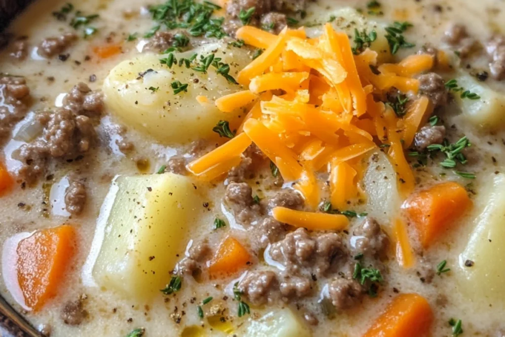 Bowl of creamy potato and hamburger soup with fresh parsley garnish