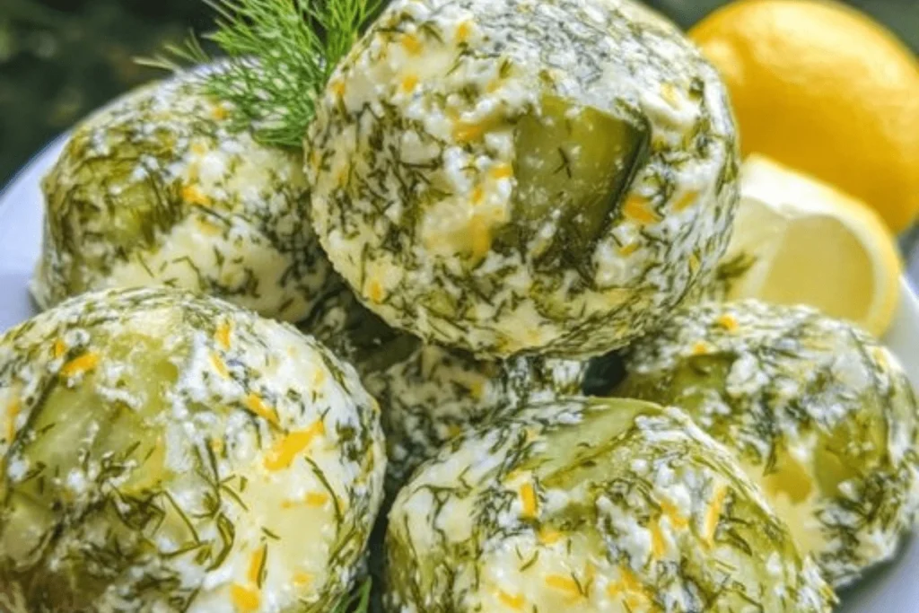 Dill Pickle Cheese Ball with fresh dill and cheddar coating