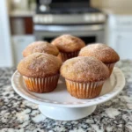 Close-up of warm apple cider doughnut muffins coated in cinnamon-sugar, showcasing their soft texture and golden-brown color, perfect for fall baking.