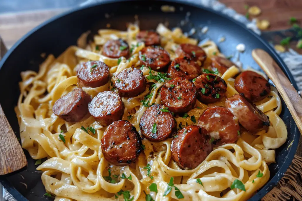 Garlic Butter Sausage Bites with Creamy Parmesan Pasta - cookefast.com