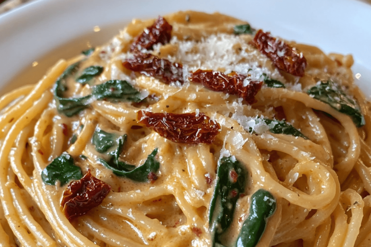 Spaghetti & Spinach with Sun-Dried Tomato Cream Sauce