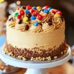 M&M’s Peanut Butter Cake topped with creamy peanut butter frosting and colorful M&M’s, perfect for birthdays or parties.