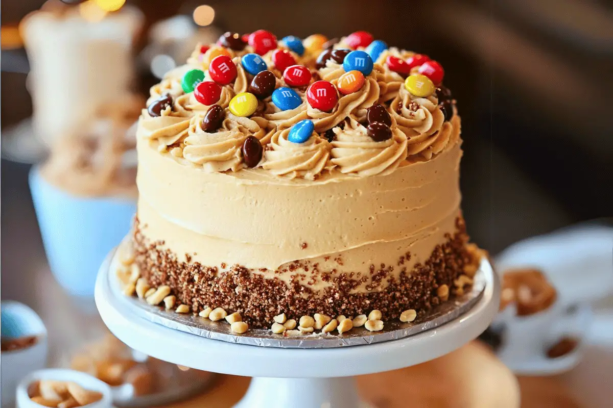 M&M’s Peanut Butter Cake topped with creamy peanut butter frosting and colorful M&M’s, perfect for birthdays or parties.