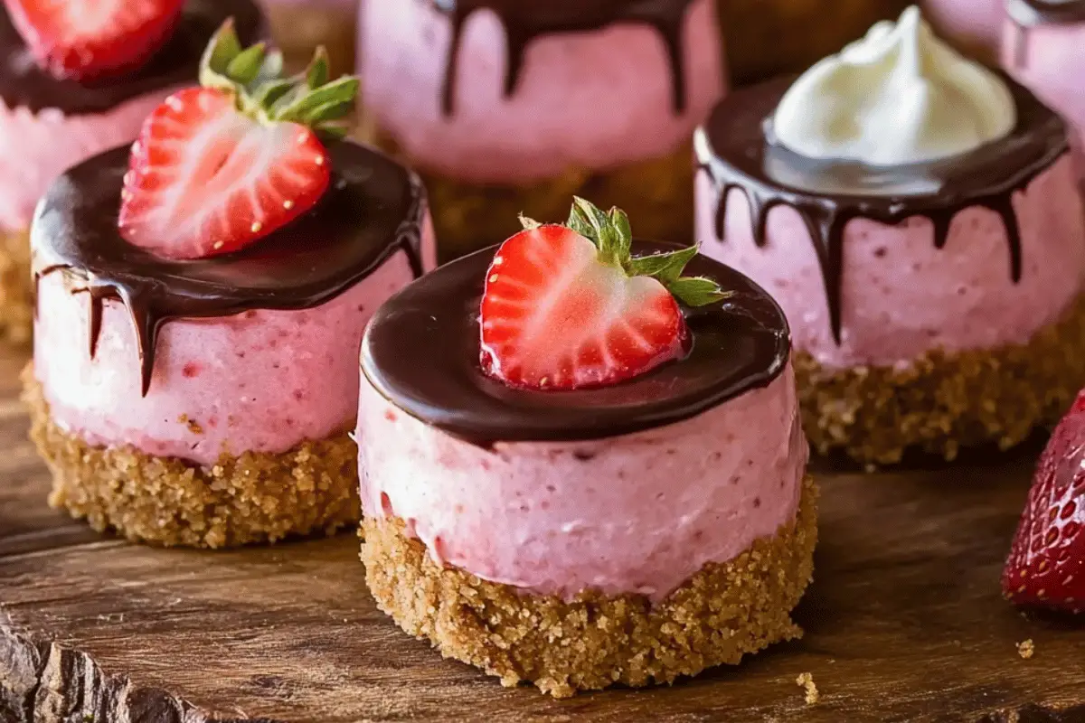 No-bake mini chocolate-covered strawberry cheesecakes, topped with fresh strawberries and white chocolate drizzle, perfect for parties or holidays.