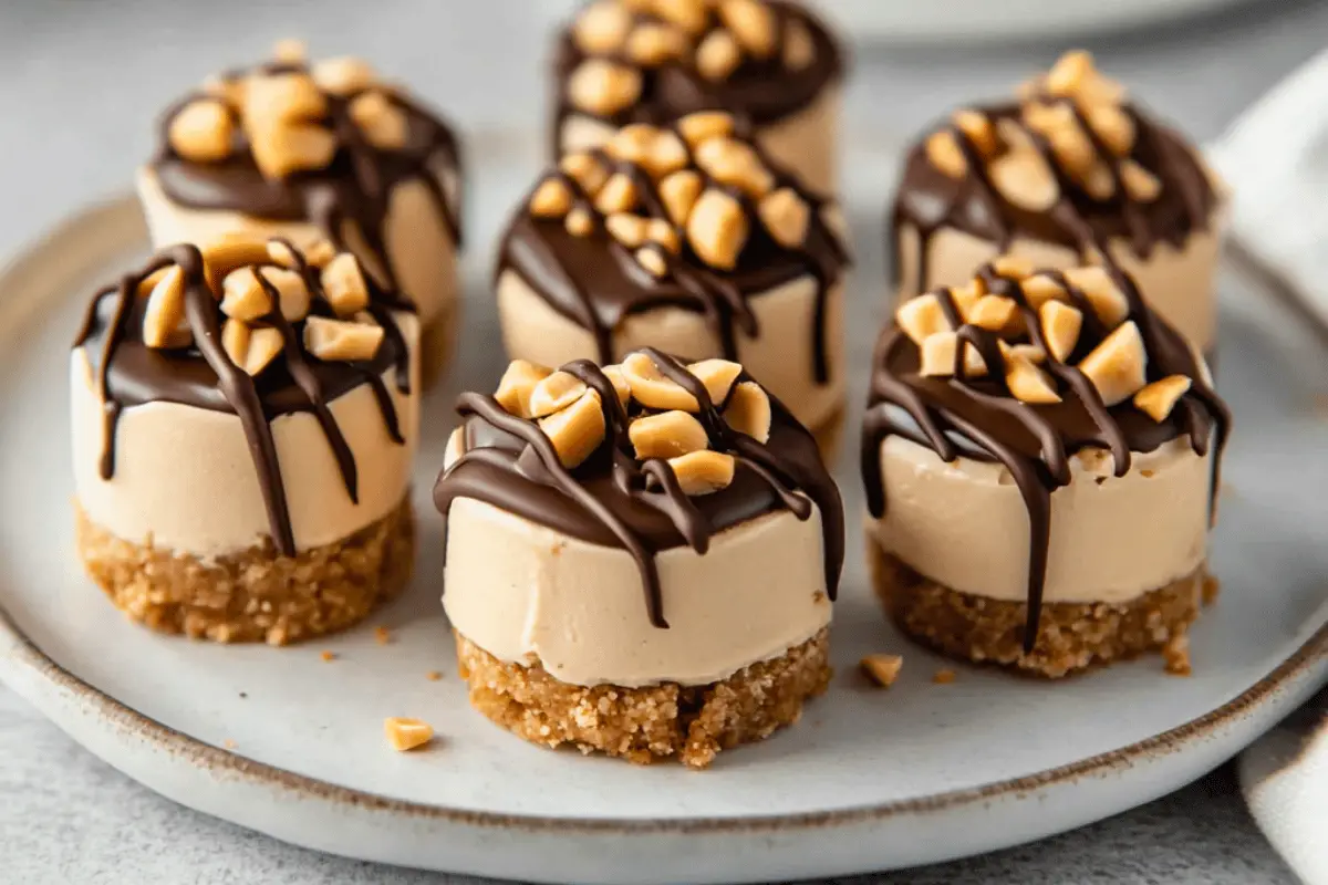No-bake peanut butter cheesecake bites with a graham cracker crust, topped with melted chocolate and chopped peanuts, perfect for dessert.