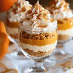 Layered no-bake pumpkin cheesecake parfaits topped with whipped cream, cinnamon, and crushed graham crackers, served in clear dessert glasses.