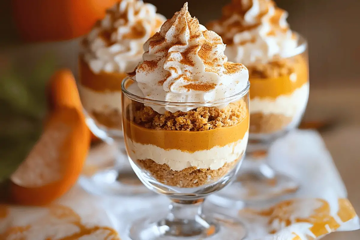 Layered no-bake pumpkin cheesecake parfaits topped with whipped cream, cinnamon, and crushed graham crackers, served in clear dessert glasses.