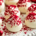 No-bake red velvet cheesecake bites dipped in white chocolate and topped with red velvet crumbs, perfect for holidays or parties.